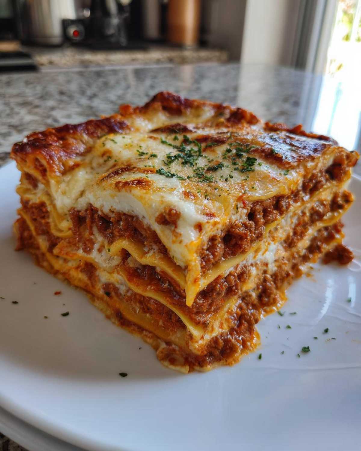 A thick, square slice of homemade lasagna showing multiple layers of pasta, rich meat sauce, and melted cheese topping.