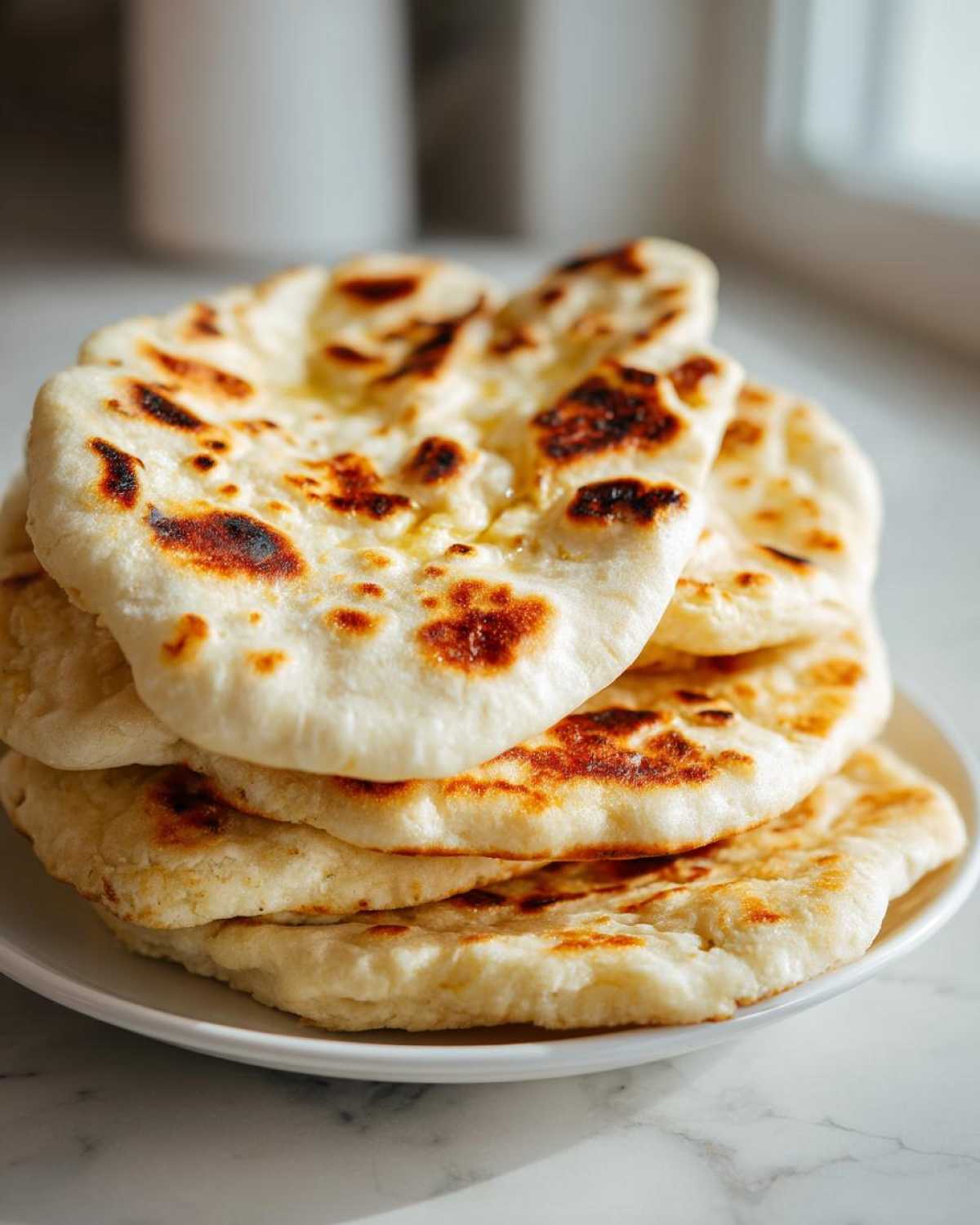 A stack of four freshly made homemade naan bread rounds, slightly browned and brushed with butter.