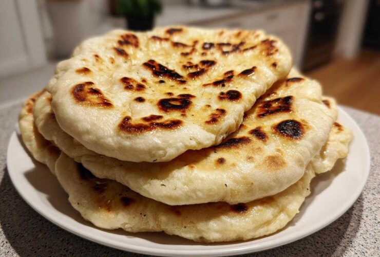 A close-up of a stack of freshly made homemade naan bread with golden-brown char marks on a white plate.
