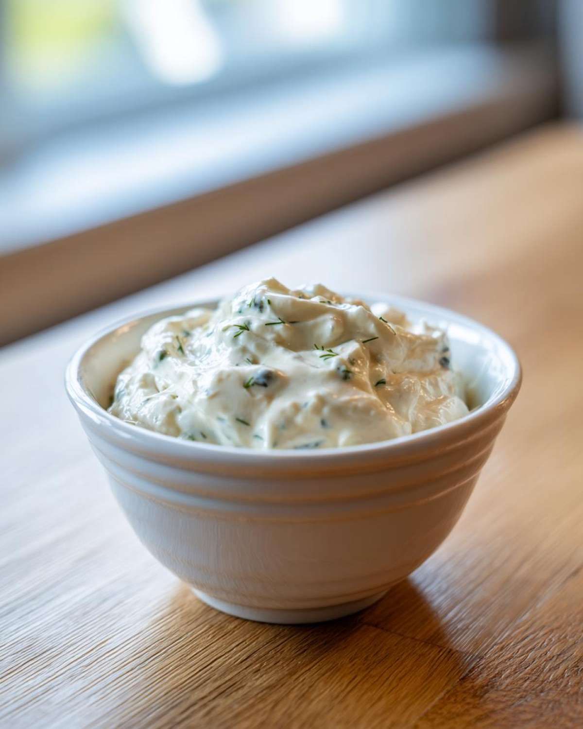 A close-up of creamy homemade tartar sauce recipe garnished with fresh dill in a small white bowl.