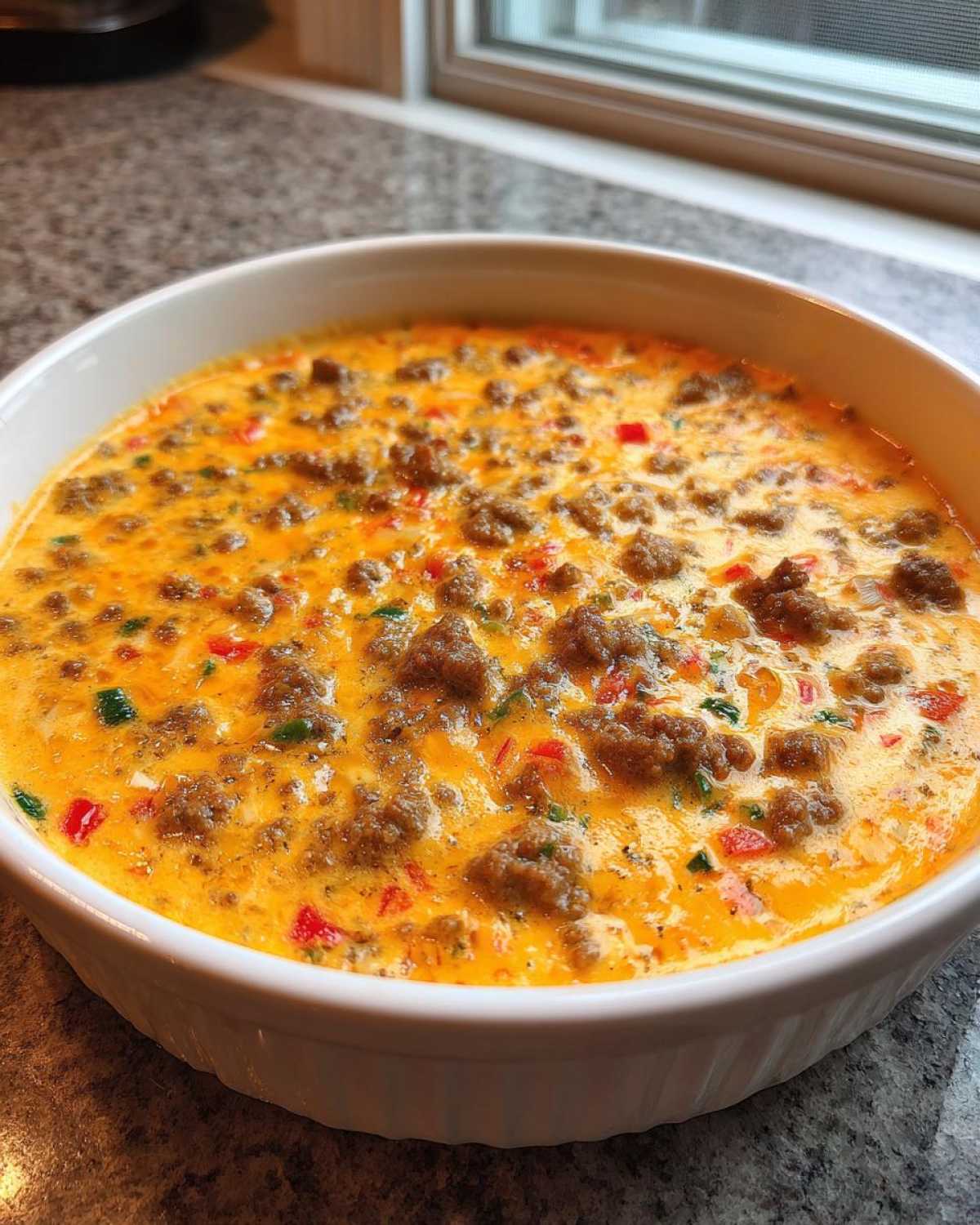 Close-up of a creamy, cheesy rotel dip topped with browned sausage crumbles and diced peppers.
