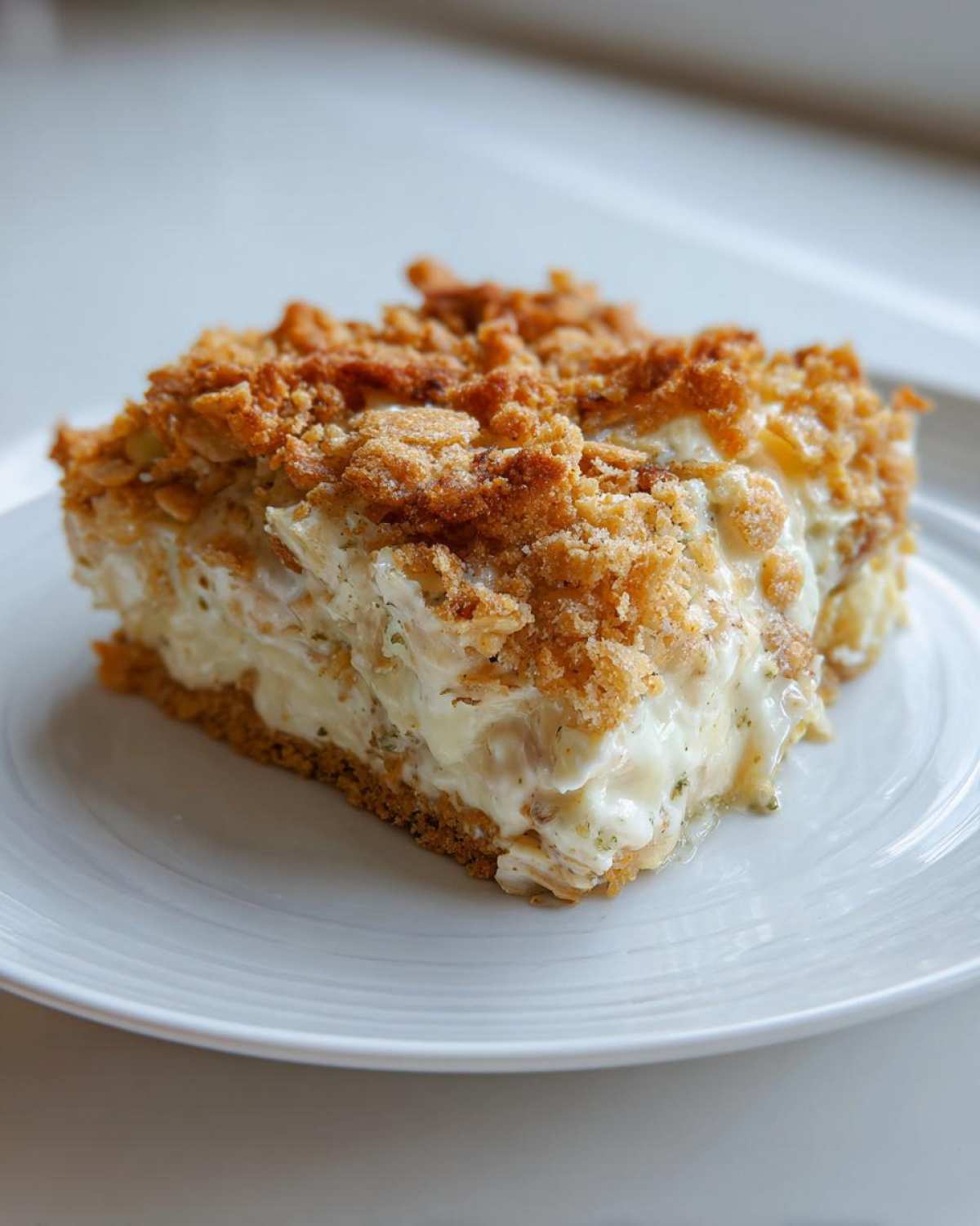 A square serving of hot chicken salad, creamy and topped with crunchy golden crumbs, on a white plate.