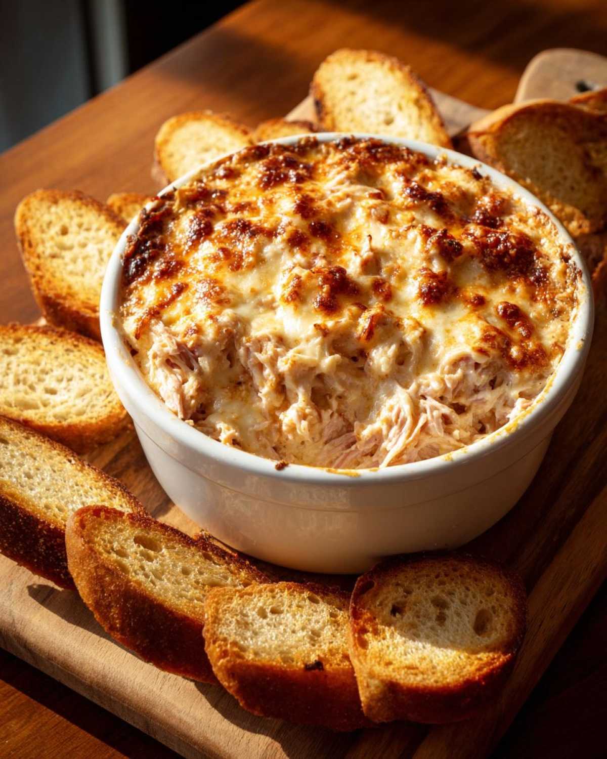A bubbling, cheesy reuben dip served hot in a white ramekin surrounded by toasted bread slices.