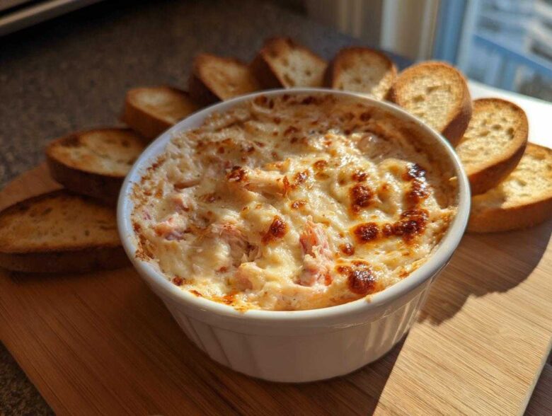 A close-up of a hot, baked reuben dip with a bubbly, browned cheese topping, served in a white ramekin surrounded by toasted bread slices.