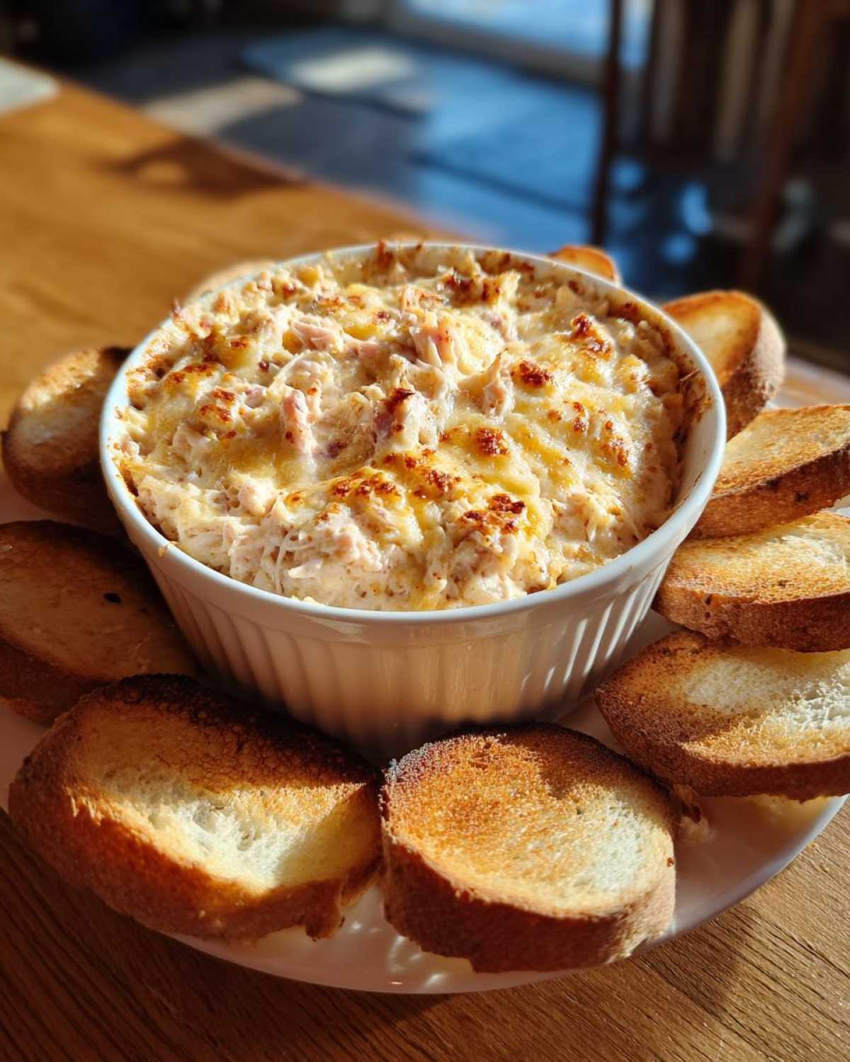 A white ramekin filled with hot, cheesy reuben dip, surrounded by toasted bread rounds.