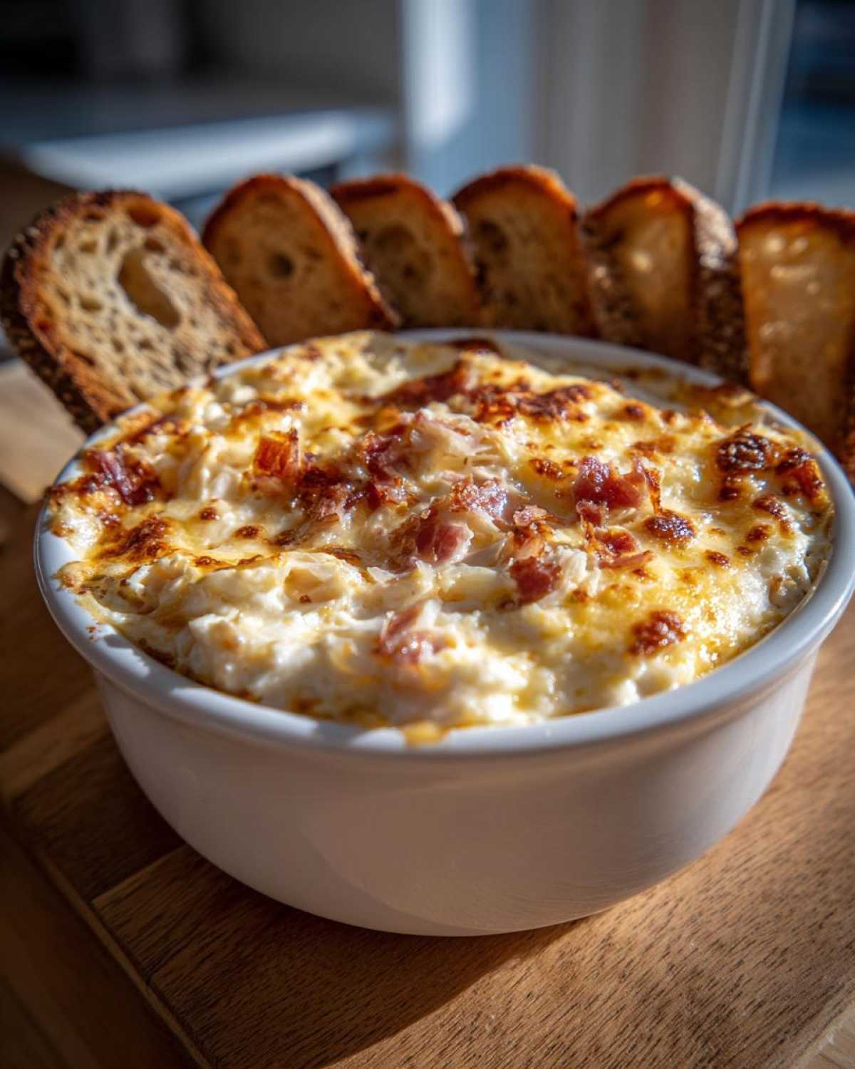 A white bowl filled with hot, baked reuben dip topped with melted cheese and bacon bits, served with toasted rye bread slices.