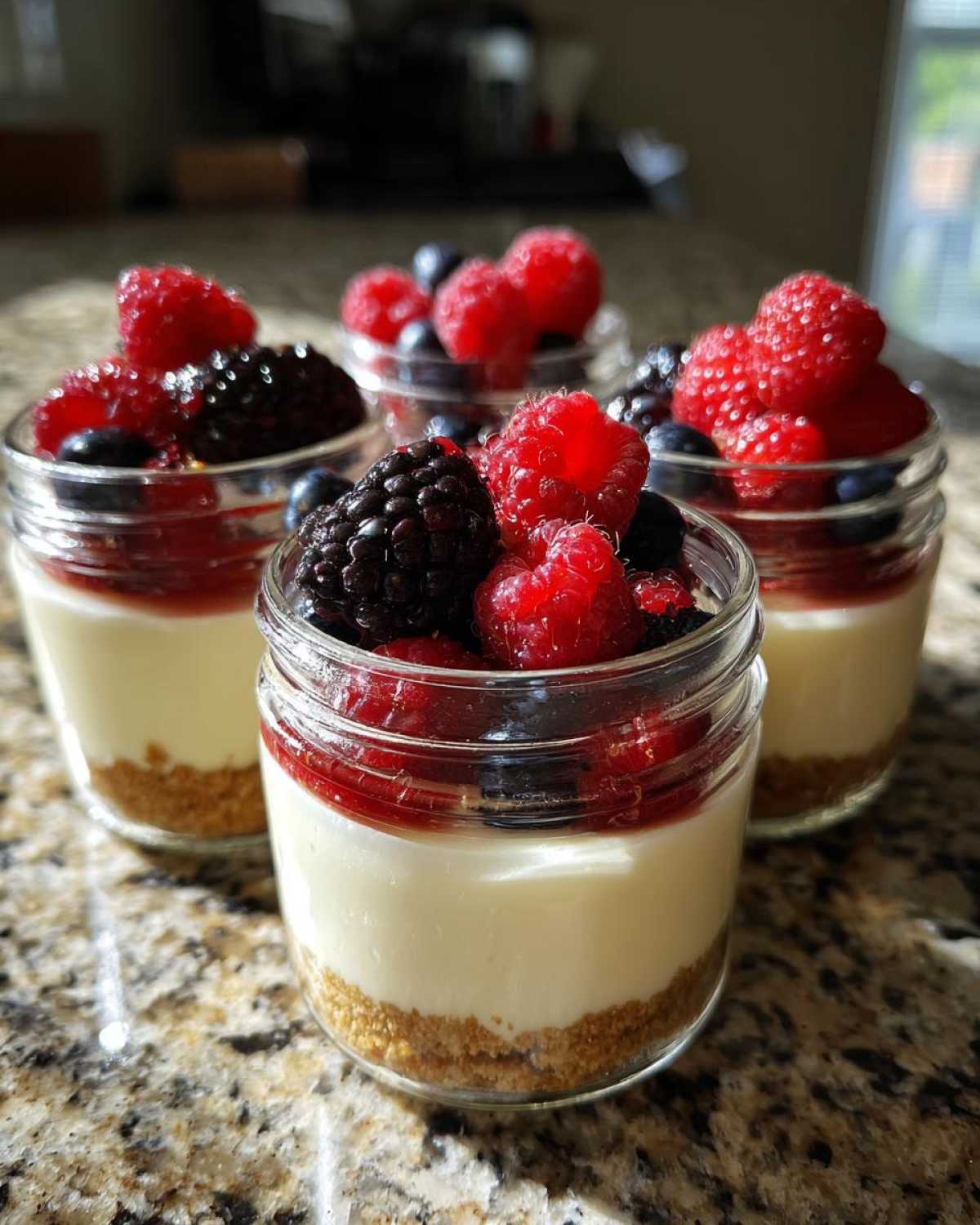 Four individual servings of Protein Cheesecake layered in small jars, topped with mixed berries.
