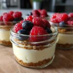Close-up of individual Protein Cheesecake servings in small glass jars topped with fresh raspberries and blueberries.