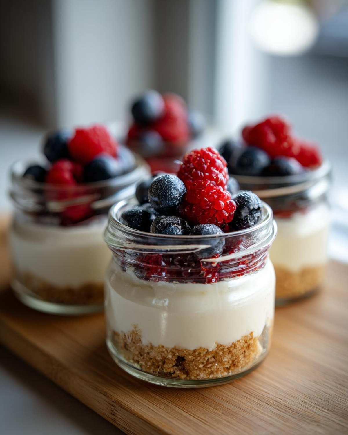 Close-up of individual Protein Cheesecake servings in small glass jars, topped with fresh raspberries and blueberries.