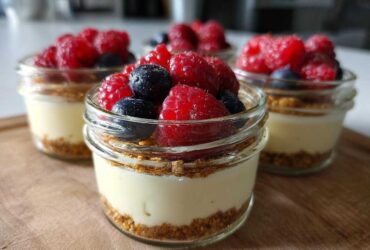 Close-up of individual Protein Cheesecake servings in small glass jars topped with fresh raspberries and blueberries.