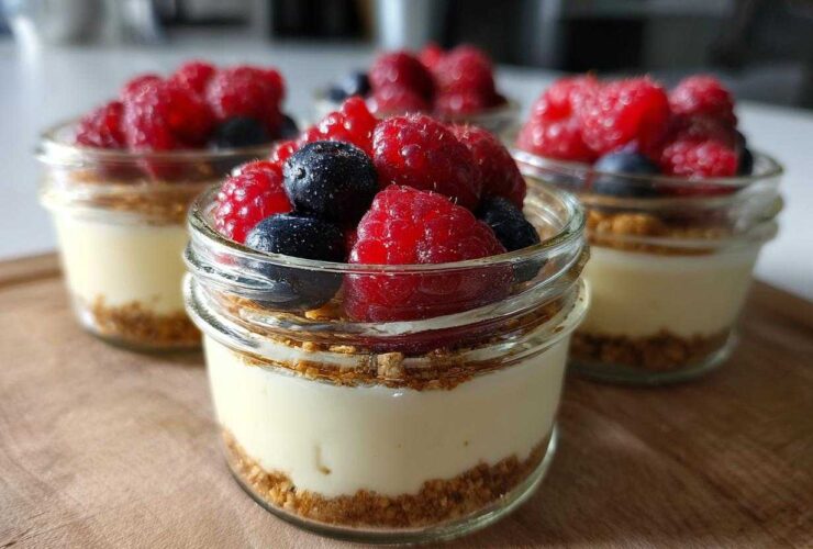 Close-up of individual Protein Cheesecake servings in small glass jars topped with fresh raspberries and blueberries.