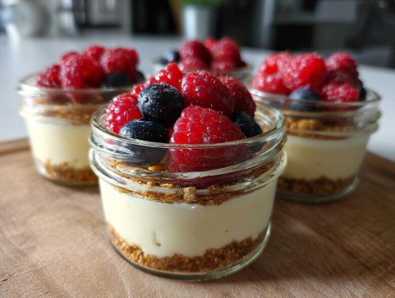 Close-up of individual Protein Cheesecake servings in small glass jars topped with fresh raspberries and blueberries.