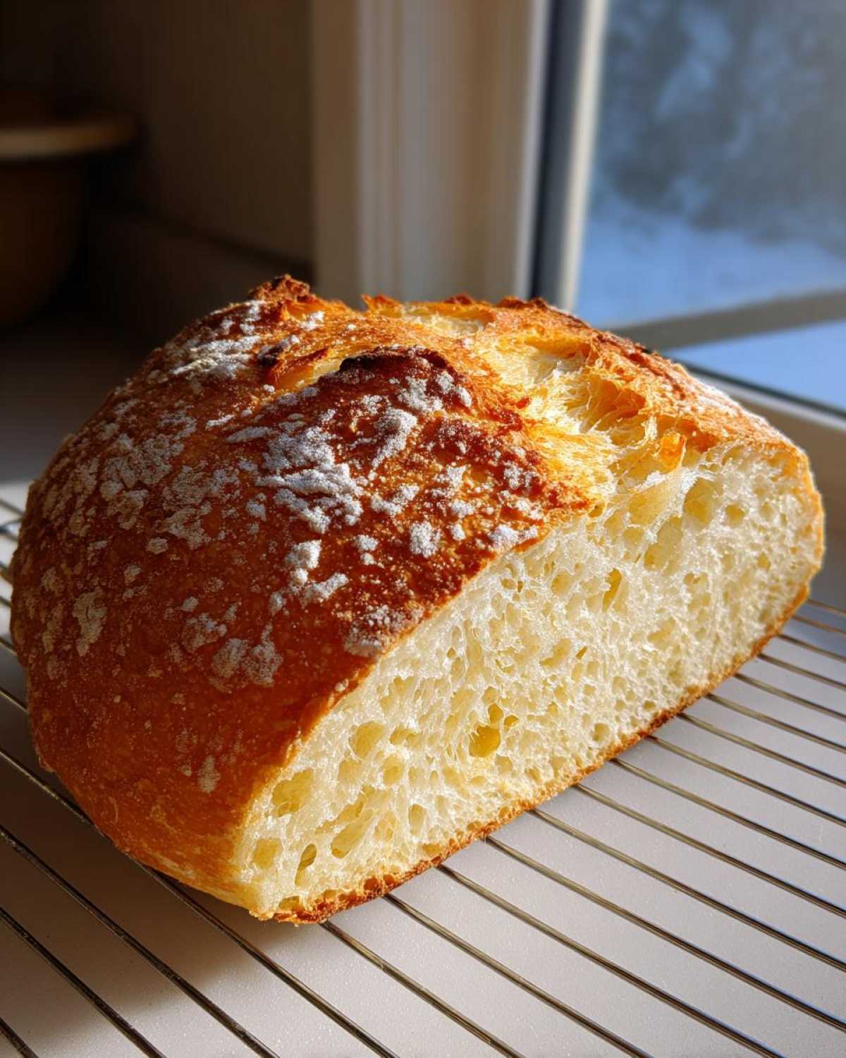 A cross-section view of a freshly baked Italian bread loaf showing its airy crumb structure and golden crust.