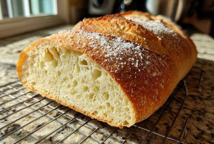 Cross-section of freshly baked Italian bread showing an open, airy crumb structure resting on a cooling rack.