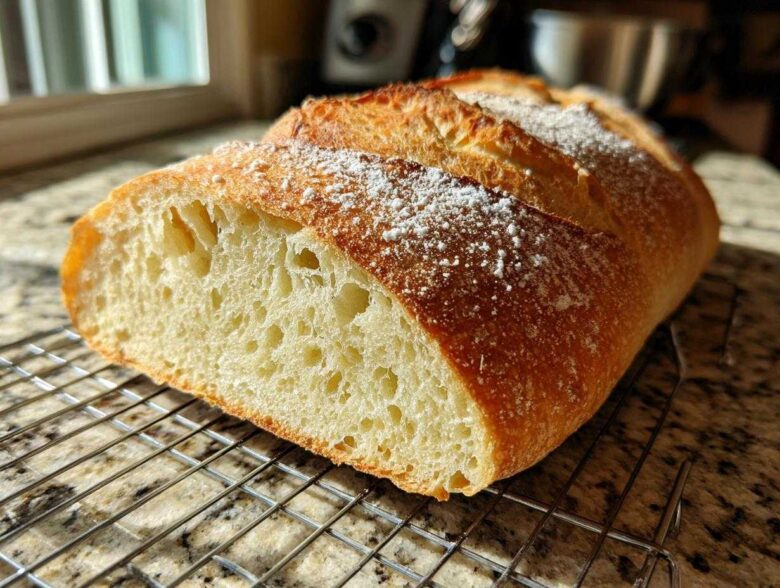 Cross-section of freshly baked Italian bread showing an open, airy crumb structure resting on a cooling rack.