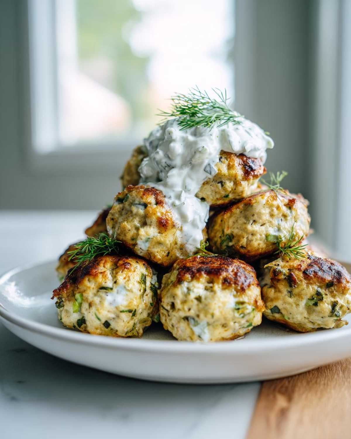 A stack of golden brown greek chicken meatballs topped with creamy tzatziki sauce and fresh dill.