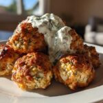 A stack of golden brown greek chicken meatballs topped with creamy tzatziki sauce on a white plate.