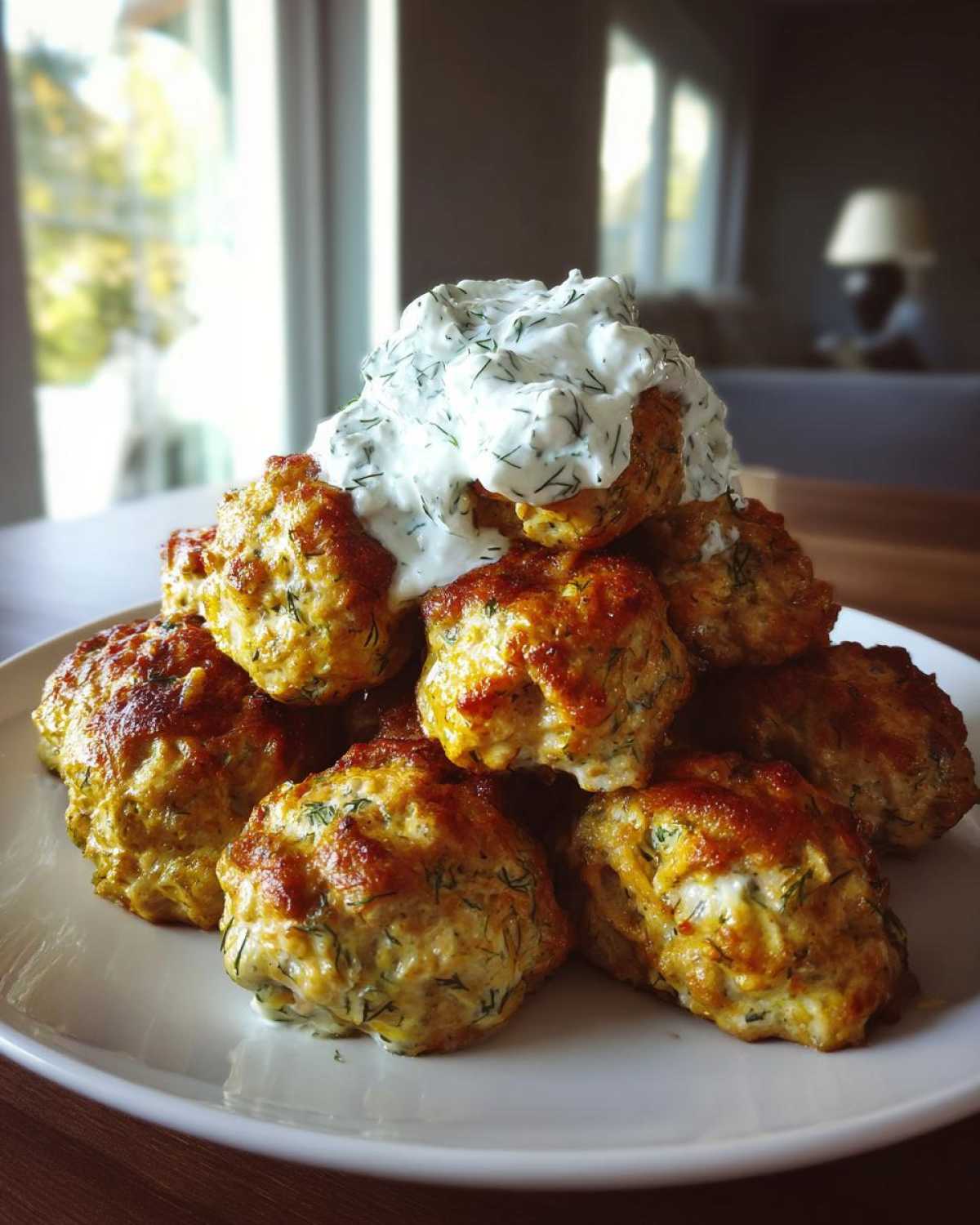 A stack of golden brown greek chicken meatballs topped with a dollop of creamy dill sauce.