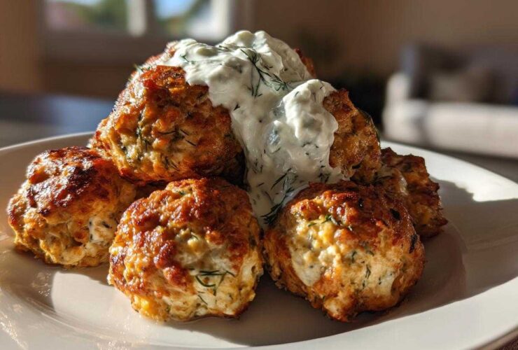 A stack of golden brown greek chicken meatballs topped with creamy tzatziki sauce on a white plate.