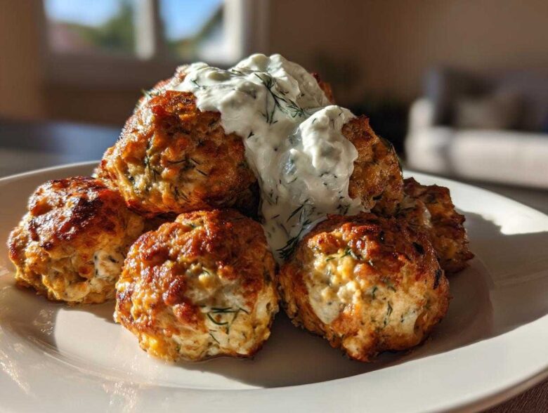 A stack of golden brown greek chicken meatballs topped with creamy tzatziki sauce on a white plate.