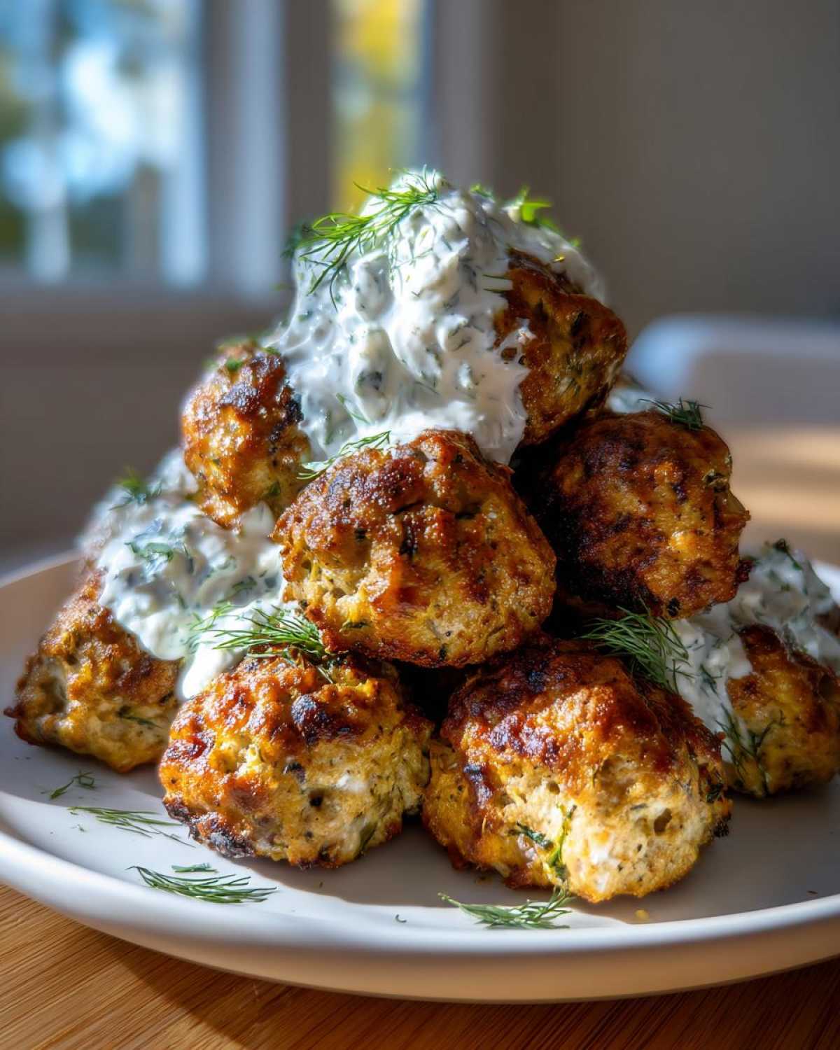 A mound of golden brown greek chicken meatballs topped with creamy dill sauce.