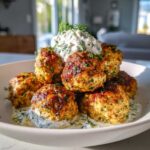 A stack of golden-brown greek chicken meatballs served in a white bowl with creamy tzatziki sauce and fresh dill.