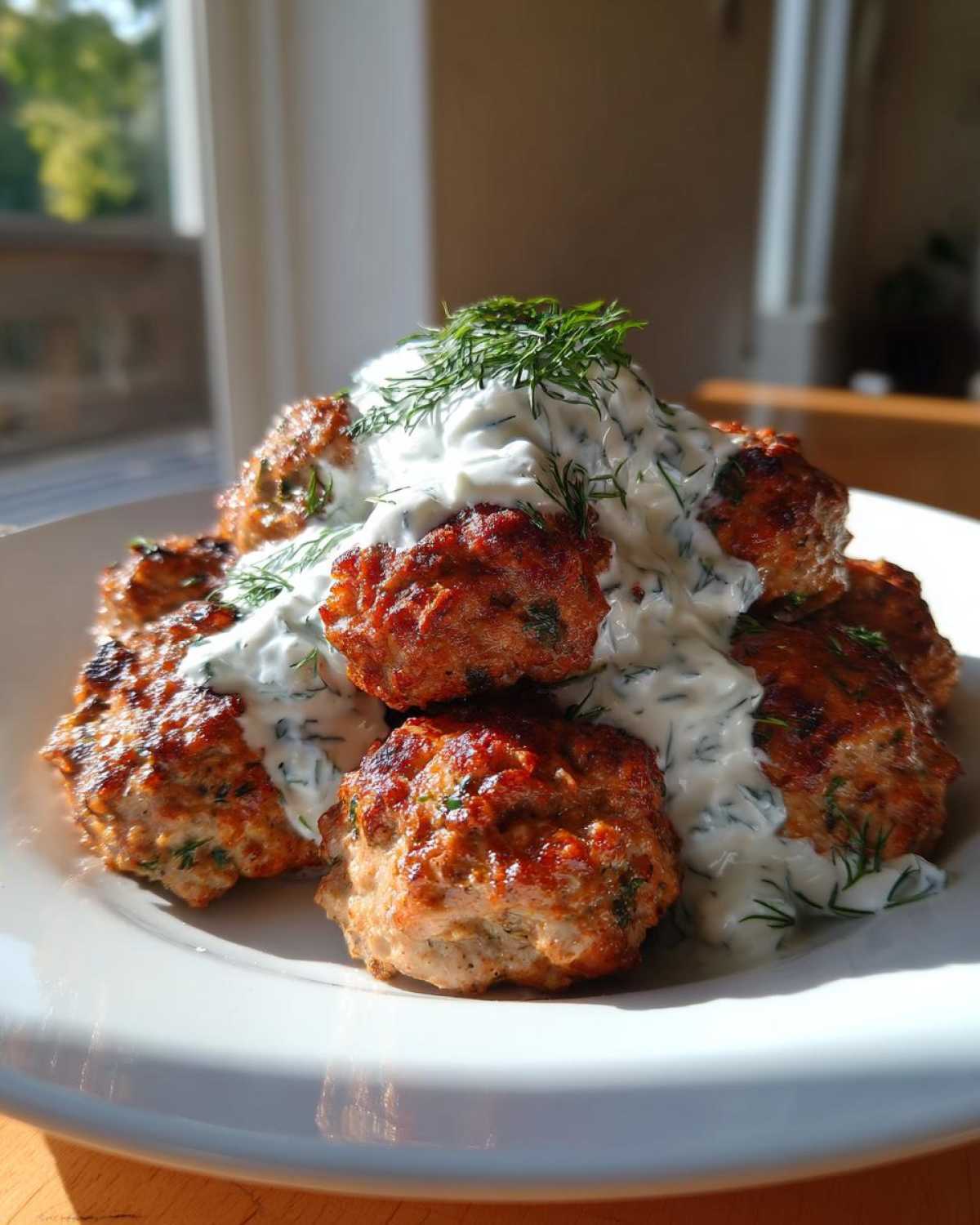 A plate piled high with golden brown greek chicken meatballs smothered in creamy tzatziki sauce and fresh dill.
