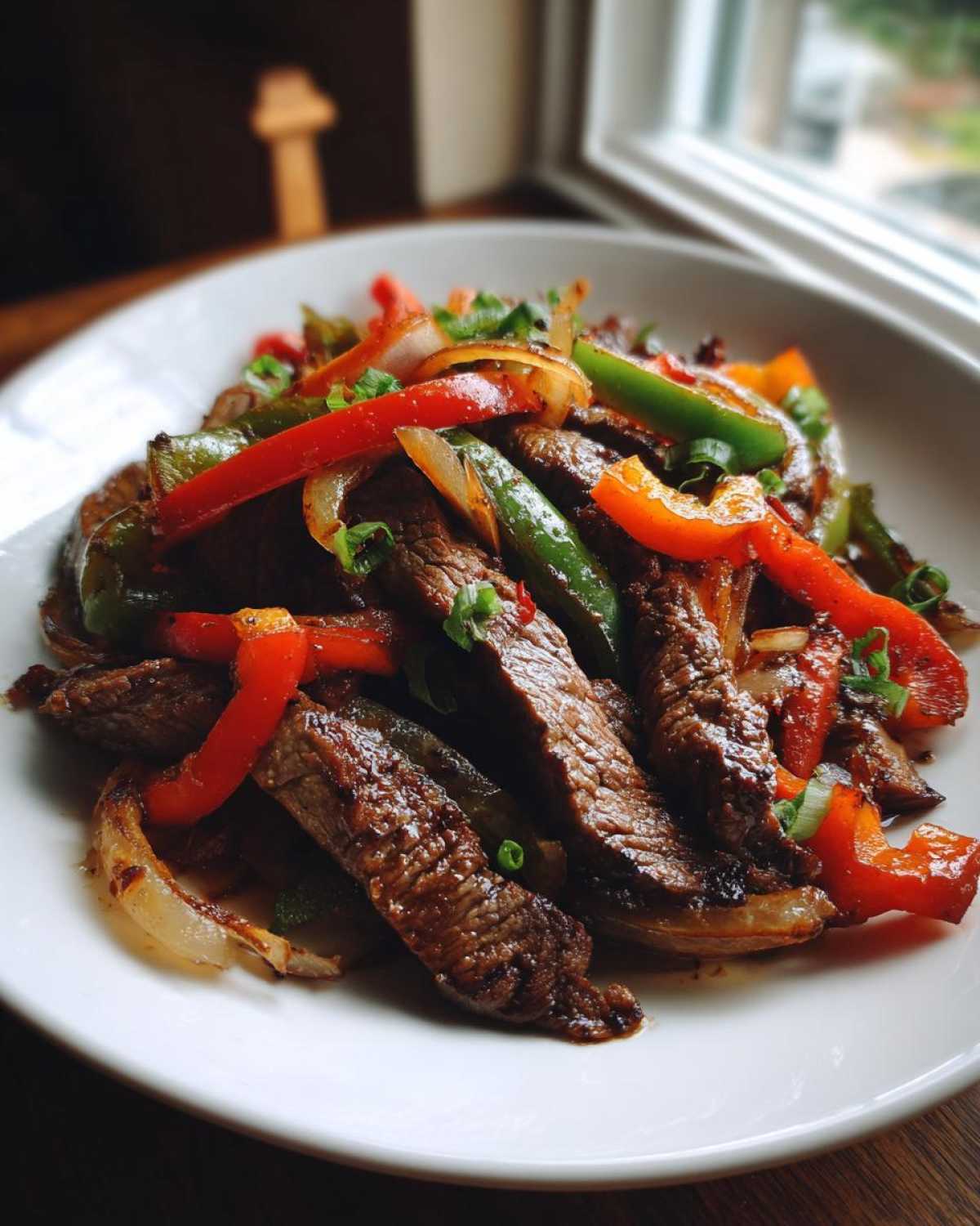 Close-up of juicy steak fajitas strips mixed with colorful sautéed bell peppers and onions on a white plate.