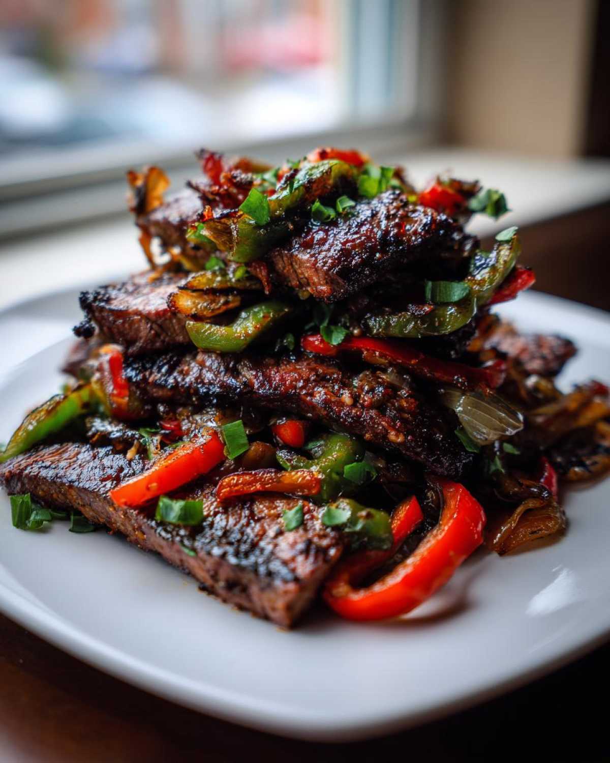 Close-up of perfectly cooked, sliced steak fajitas mixed with red and green bell peppers, stacked high.