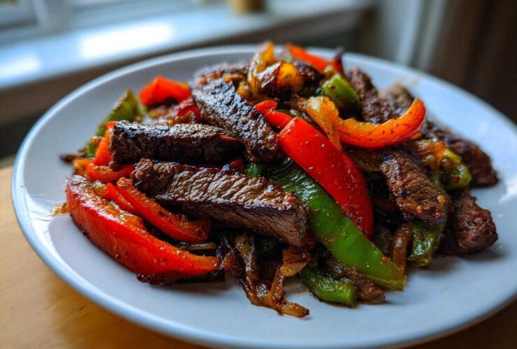 Close-up of juicy steak fajitas featuring seared steak strips mixed with vibrant red and green bell peppers and caramelized onions on a white plate.