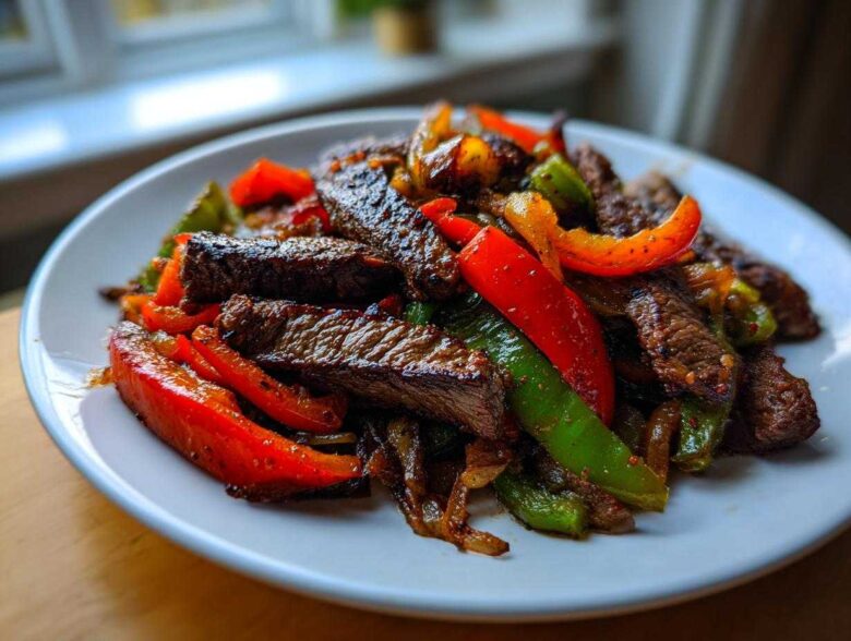 Close-up of juicy steak fajitas featuring seared steak strips mixed with vibrant red and green bell peppers and caramelized onions on a white plate.