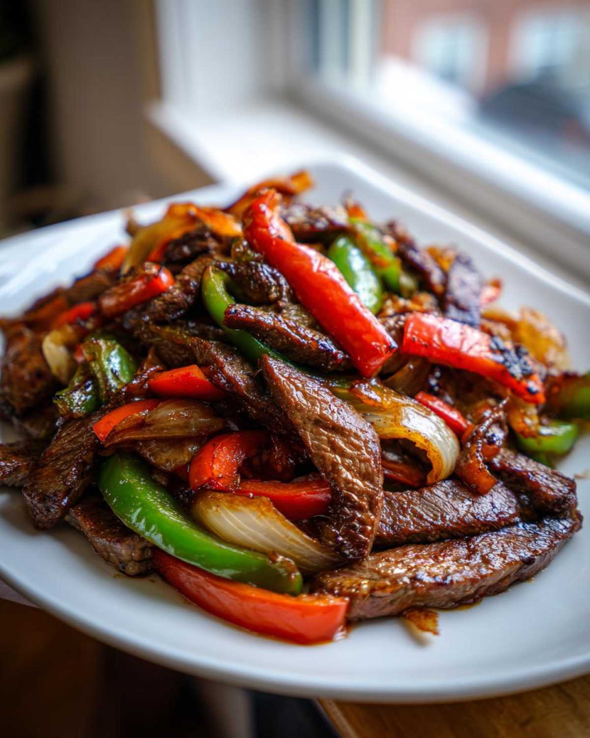 Close-up of sizzling steak fajitas featuring strips of seasoned beef, red and green bell peppers, and onions on a white plate.