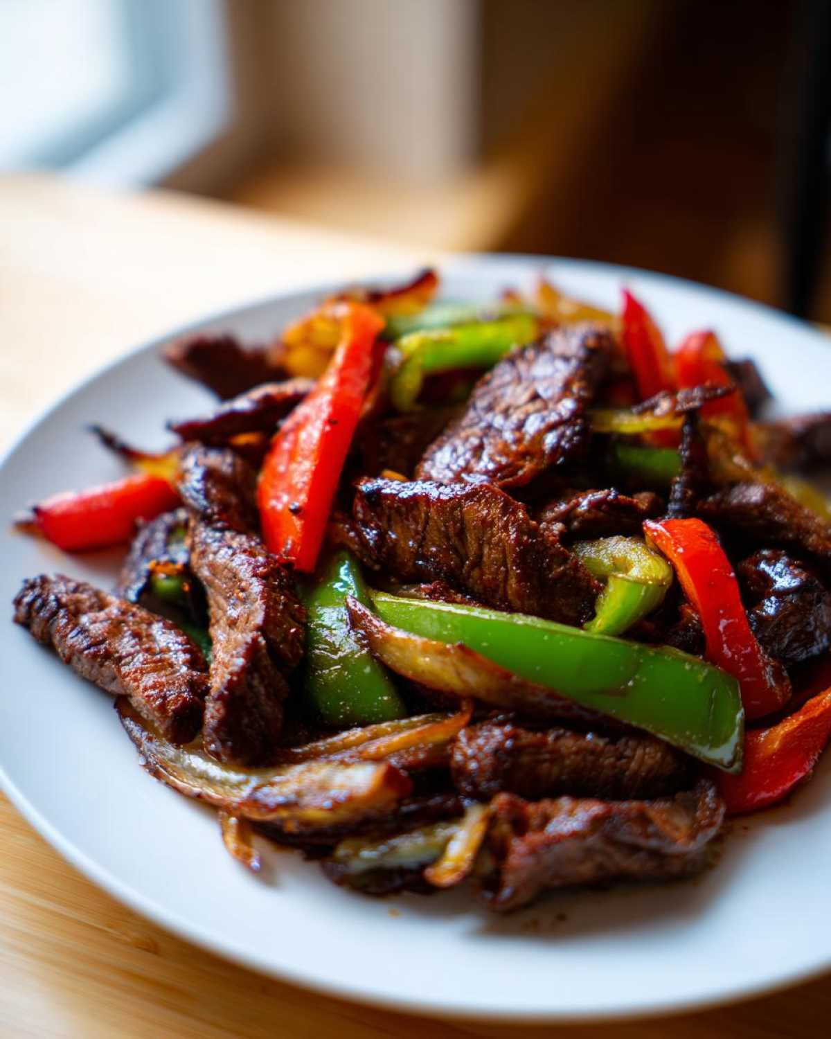 Close-up of perfectly cooked steak fajitas featuring seared beef strips, bright red and green bell peppers, and caramelized onions.
