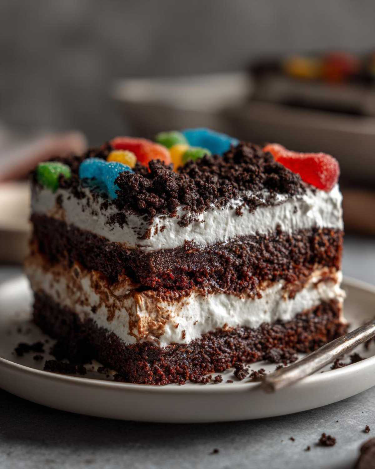 Close-up of a layered slice of dirt cake featuring dark chocolate cake, white cream filling, and gummy worms on top.