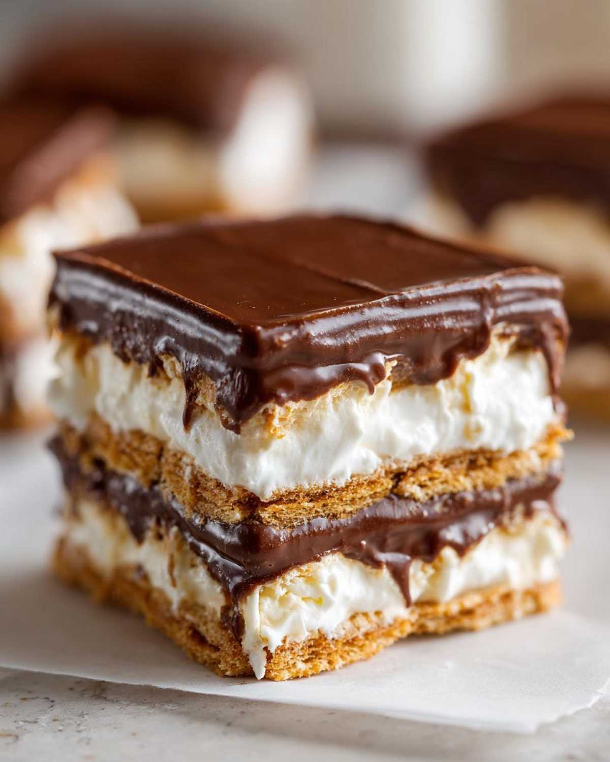 A decadent, square slice of eclair cake featuring layers of graham crackers, creamy filling, and rich chocolate frosting.