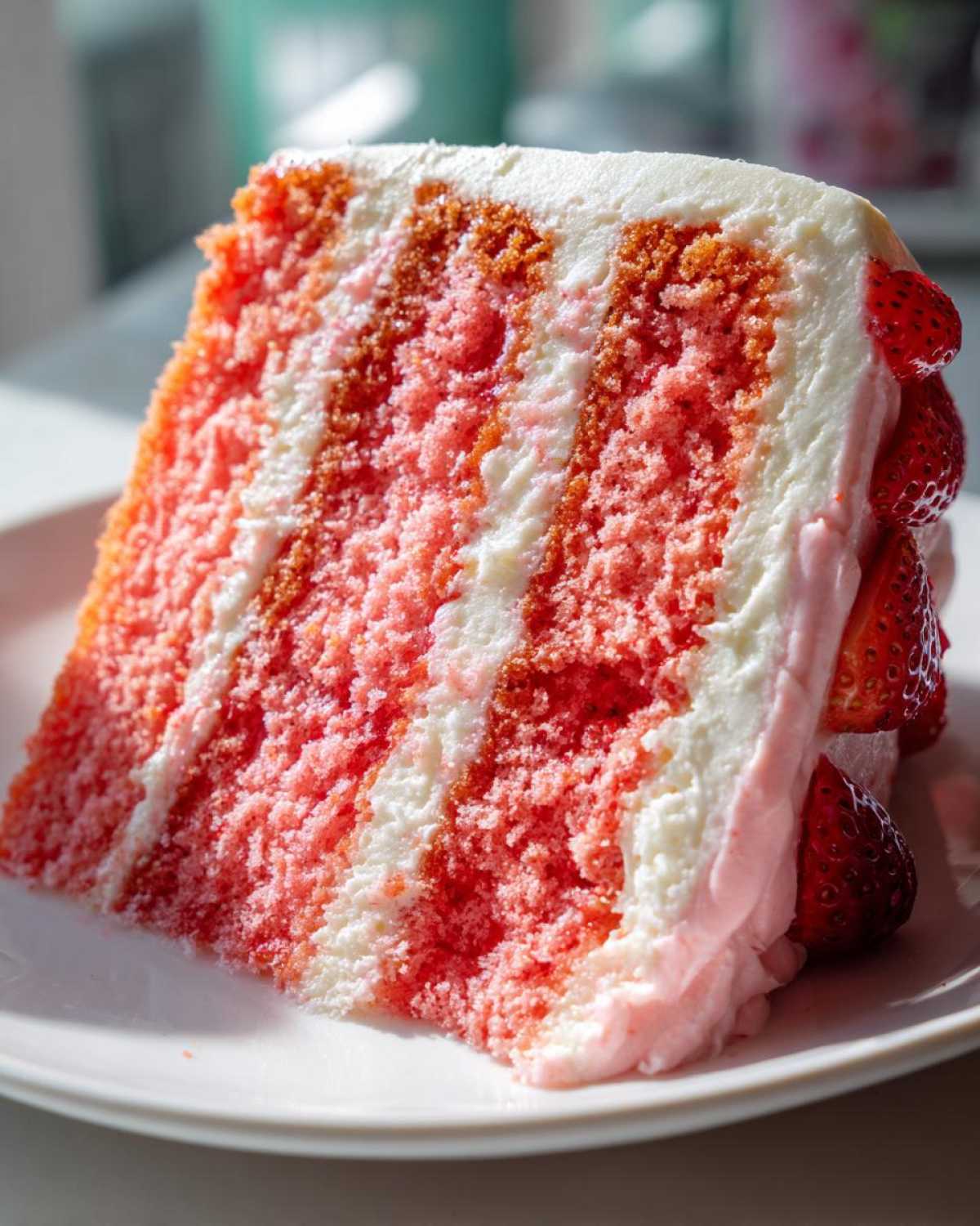 Close-up of a moist slice of layered strawberry cake with white and pink frosting, garnished with fresh strawberries.