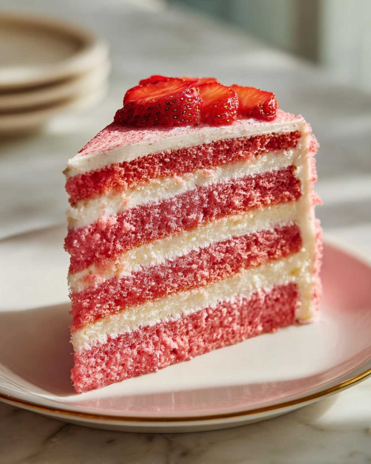 A tall, moist slice of strawberry cake featuring four pink layers alternating with white frosting, topped with fresh sliced strawberries.