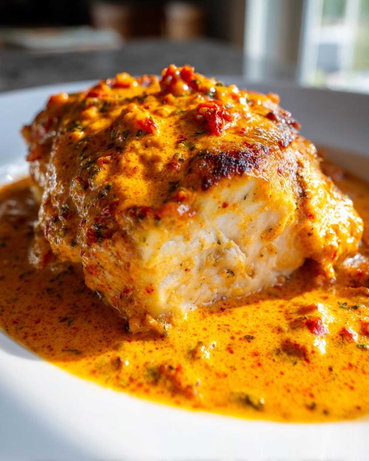 A close-up of a piece of chicken smothered in a rich, creamy, orange-hued sauce, characteristic of Marry Me Chicken.