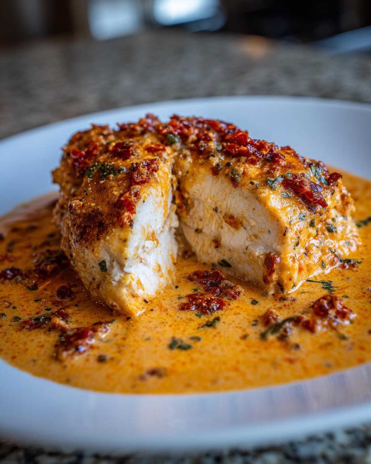 Close-up of a juicy Marry Me Chicken breast, cut to show the interior, smothered in creamy sun-dried tomato sauce.