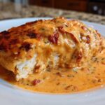 Close-up of a perfectly cooked piece of Marry Me Chicken smothered in a rich, creamy tomato sauce.