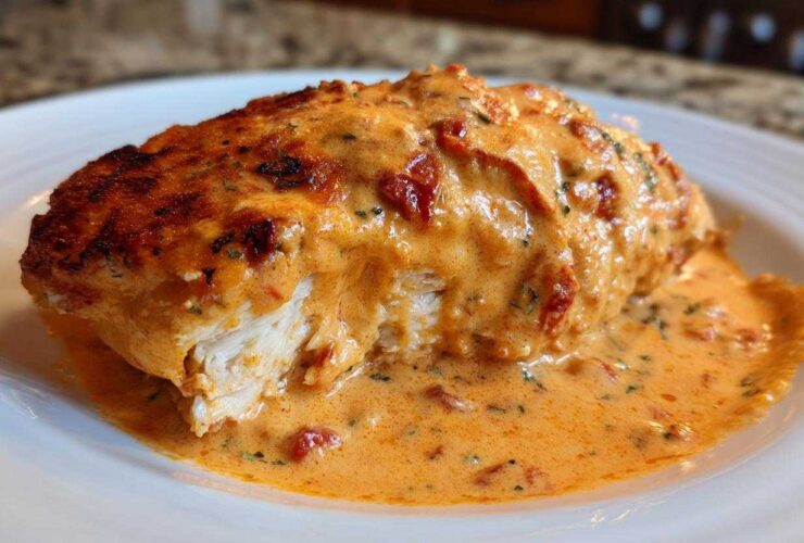 Close-up of a perfectly cooked piece of Marry Me Chicken smothered in a rich, creamy tomato sauce.