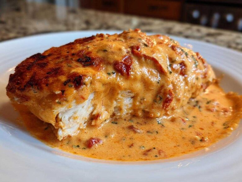 Close-up of a perfectly cooked piece of Marry Me Chicken smothered in a rich, creamy tomato sauce.