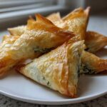 A pile of golden, flaky Mediterranean Spinach and Feta Cheese Crisps served on a white plate.