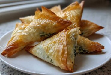 A pile of golden, flaky Mediterranean Spinach and Feta Cheese Crisps served on a white plate.