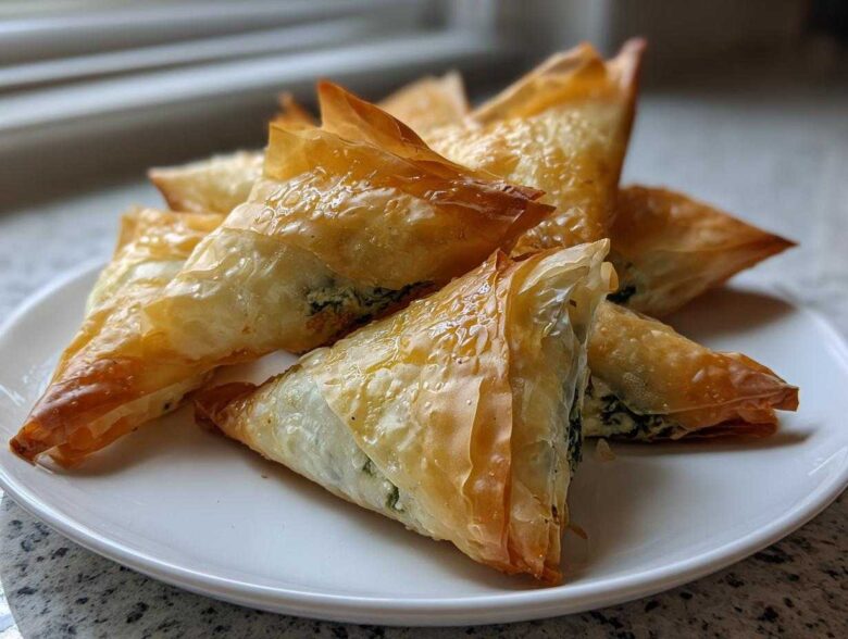 A pile of golden, flaky Mediterranean Spinach and Feta Cheese Crisps served on a white plate.