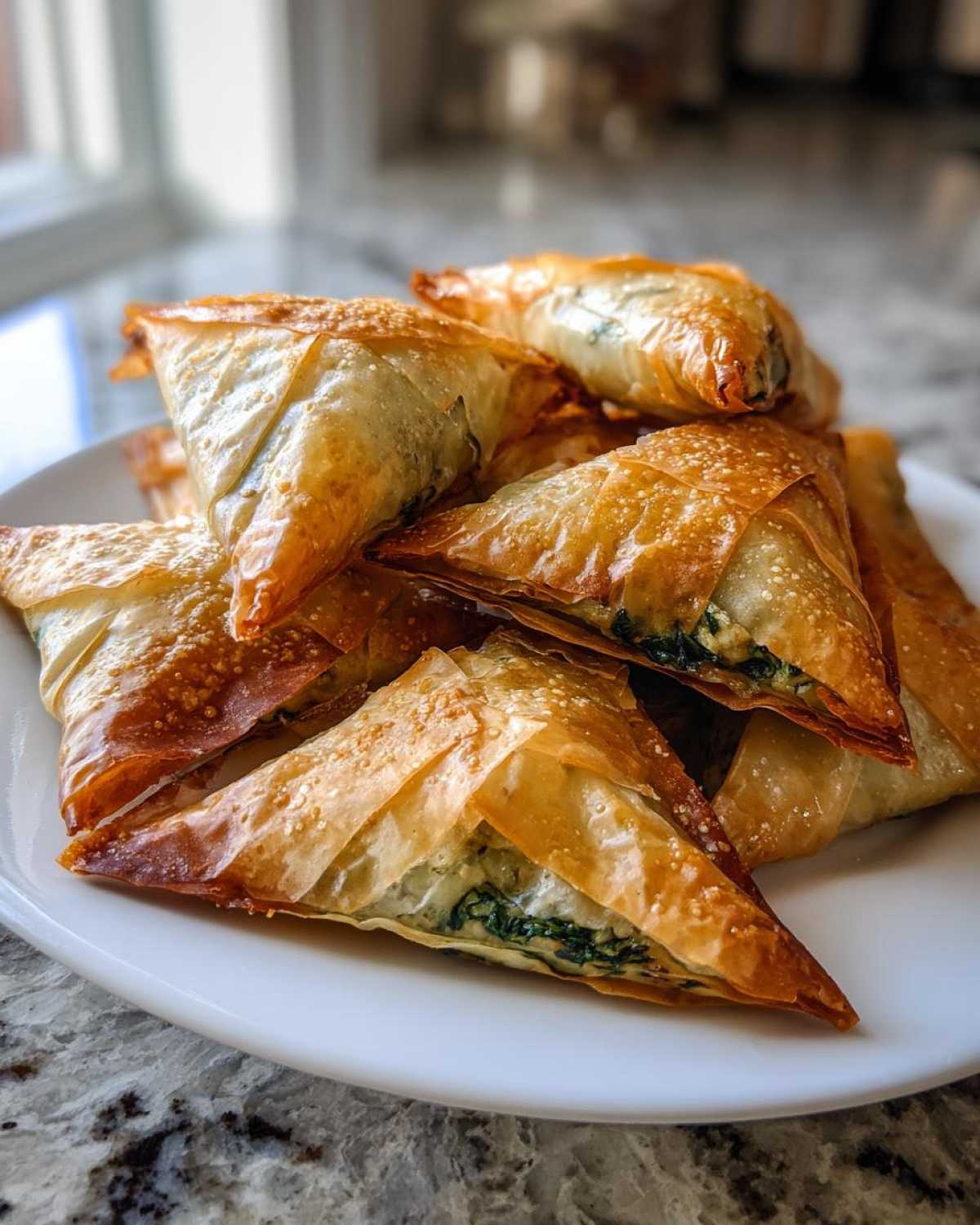 A pile of golden, flaky Mediterranean Spinach and Feta Cheese Crisps served on a white plate.