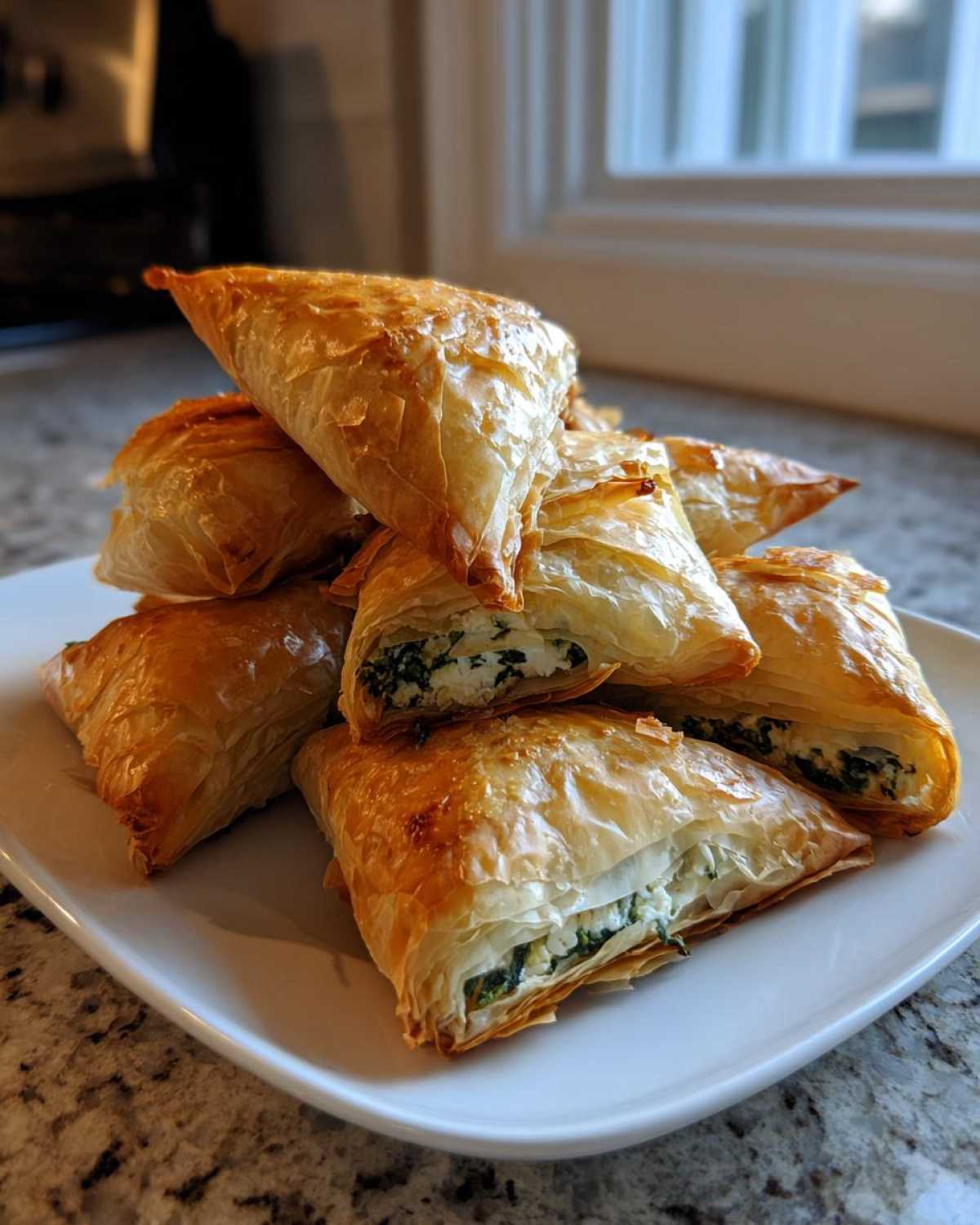 A stack of golden, flaky Mediterranean Spinach and Feta Cheese Crisps on a white plate.