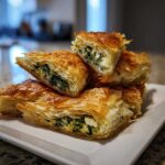 Close-up of stacked, golden-brown Mediterranean Spinach and Feta Cheese Crisps showing flaky phyllo dough and spinach filling.