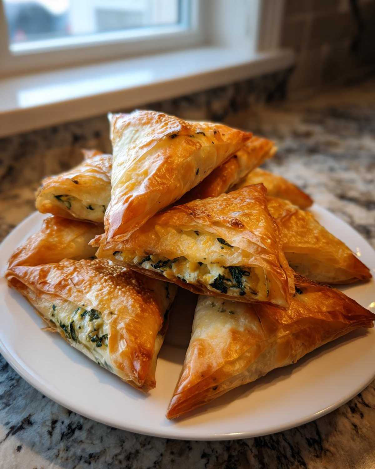 A stack of golden brown, flaky Mediterranean Spinach and Feta Cheese Crisps on a white plate.
