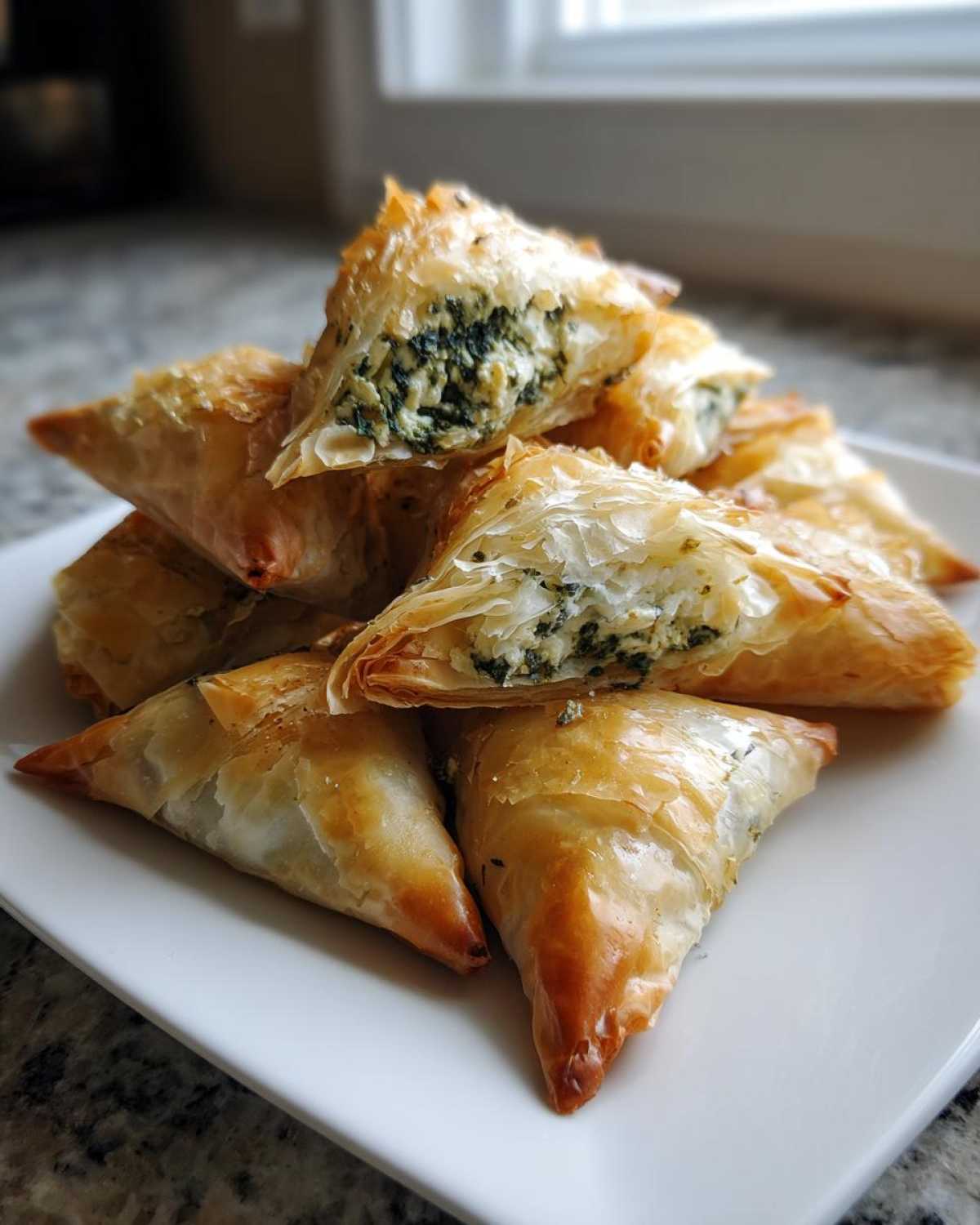 A stack of golden, flaky Mediterranean Spinach and Feta Cheese Crisps on a white plate.